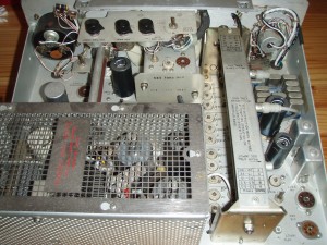 Photo of the upper deck of the transmitter, with the final amplifier cage in the foreground