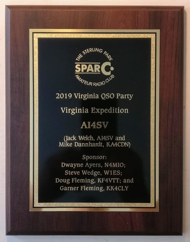 2019 Virginia QSO Party Plaque presented by the Sterling Park Amateur Radio Club to AI4SV, Jack Welch (AI4SV) and Mike Danhardt (KA4CDN)